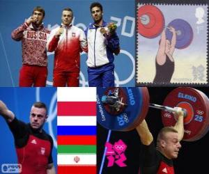 Puzzle Πόντιουμ άρση βαρών ανδρών 85 kg, Adrian Frantsevich (Πολωνία), καταλληλότητα Aujadov (Ρωσία) και (Ιράν) - London 2012 - Kianoush Rostami